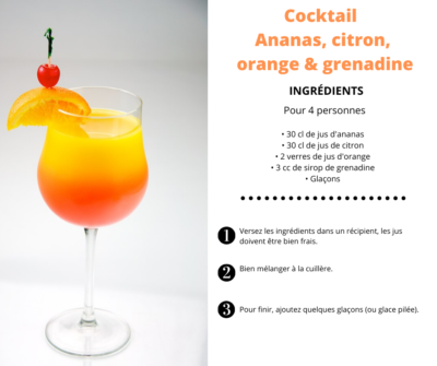 Recette Cocktail sans alcool ananas citron orange grenadine